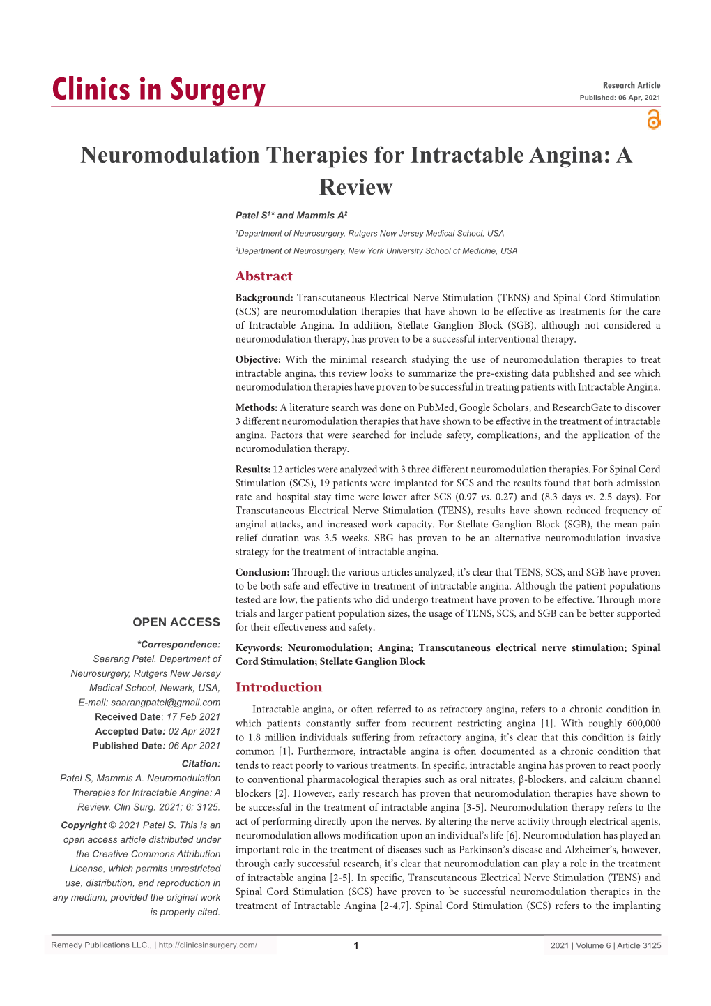 Neuromodulation Therapies for Intractable Angina: a Review