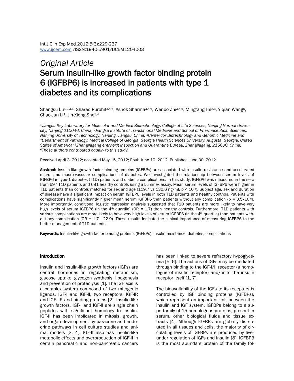 Original Article Serum Insulin-Like Growth Factor Binding Protein 6 (IGFBP6) Is Increased in Patients with Type 1 Diabetes and Its Complications