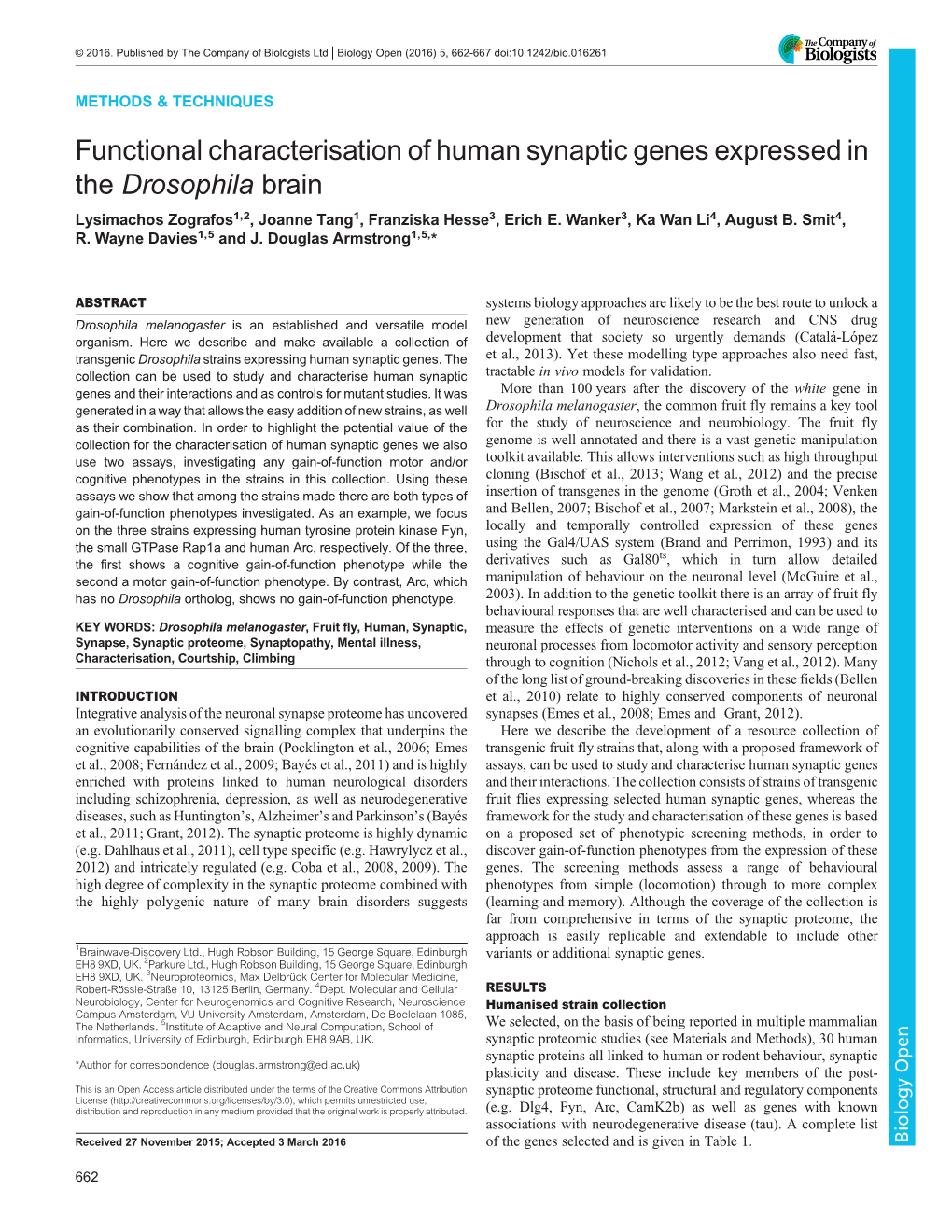 Functional Characterisation of Human Synaptic Genes Expressed in the Drosophila Brain Lysimachos Zografos1,2, Joanne Tang1, Franziska Hesse3, Erich E