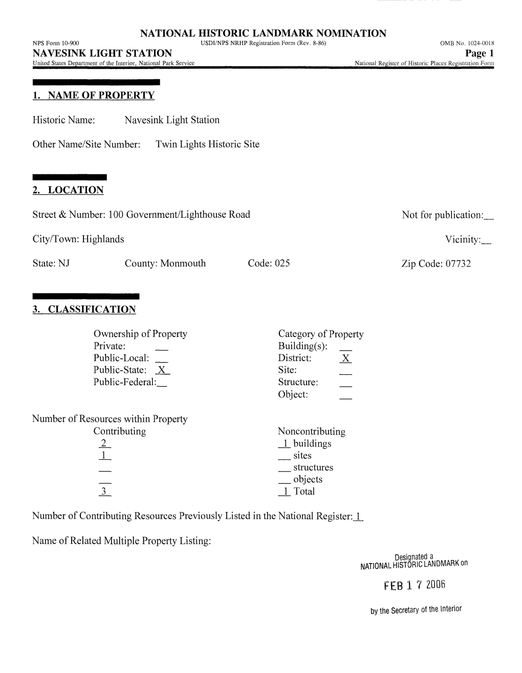 NAVESINK LIGHT STATION Page 1 United States Department of the Interior, National Park Service National Register of Historic Places Registration Form