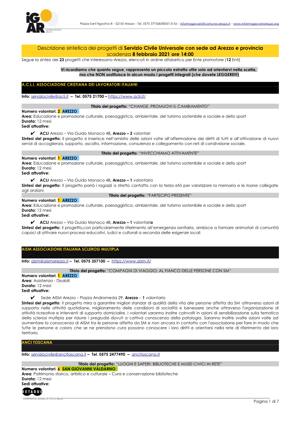 Descrizione Sintetica Dei Progetti Di Servizio