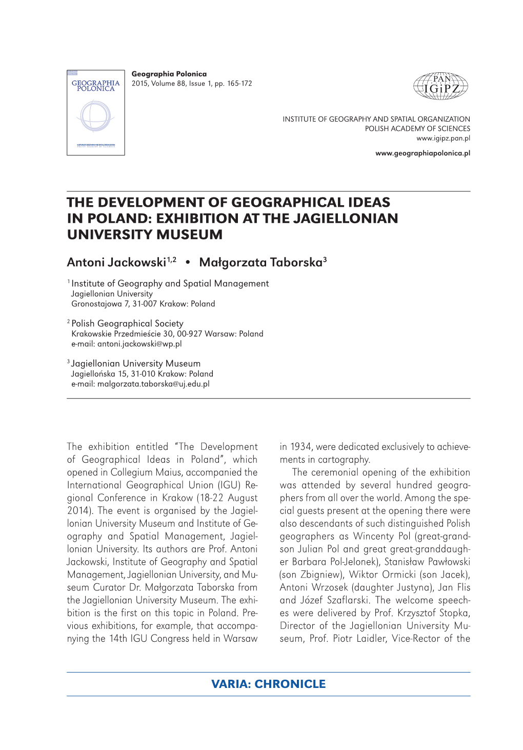 Geographia Polonica Vol. 88 No. 1 (2015), the Development Of