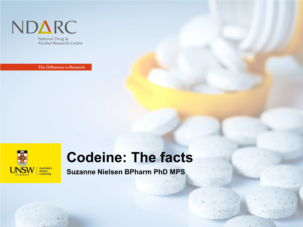 Codeine: the Facts Suzanne Nielsen Bpharm Phd MPS Codeine: Overview 1