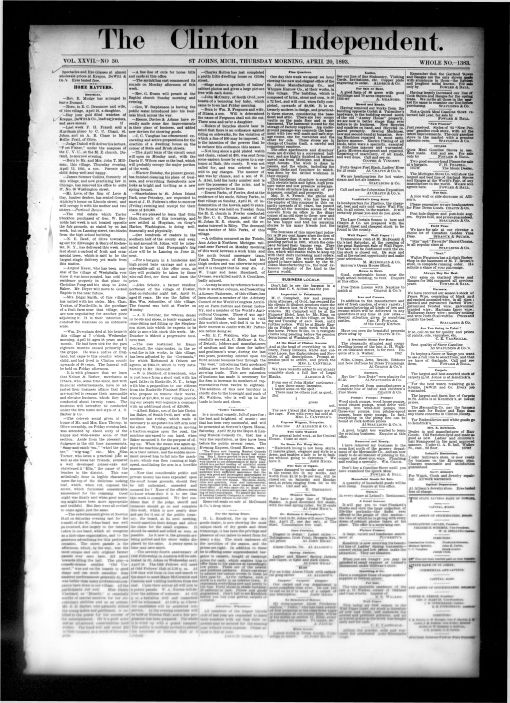 Vol. Xxyil—No 30. St Johns, Mich., Thursday Morning, April 20, 1893
