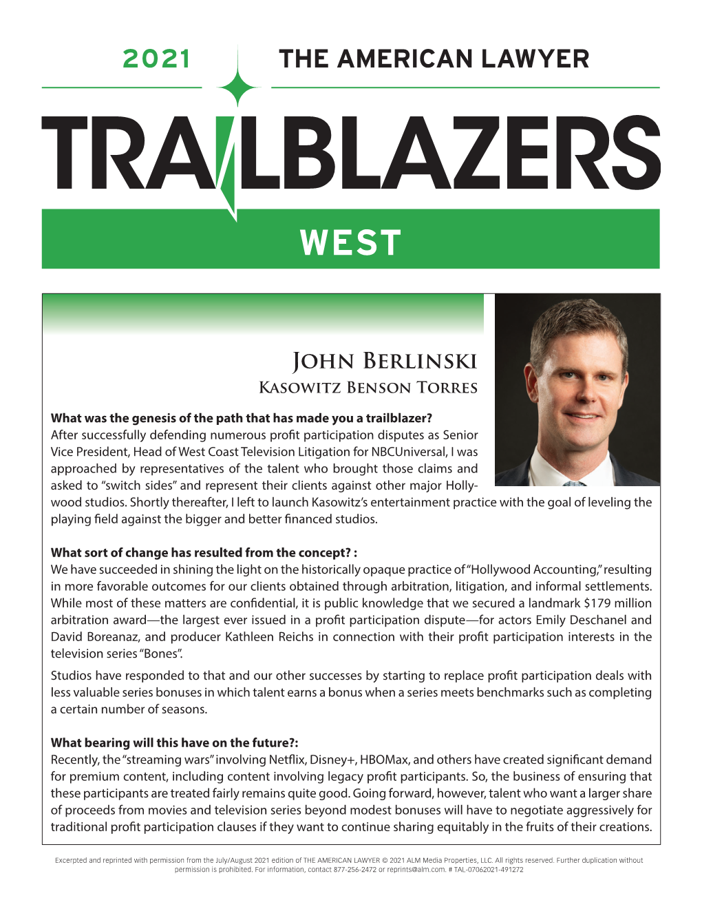 Read John Berlinski's American Lawyer Trailblazer Profile