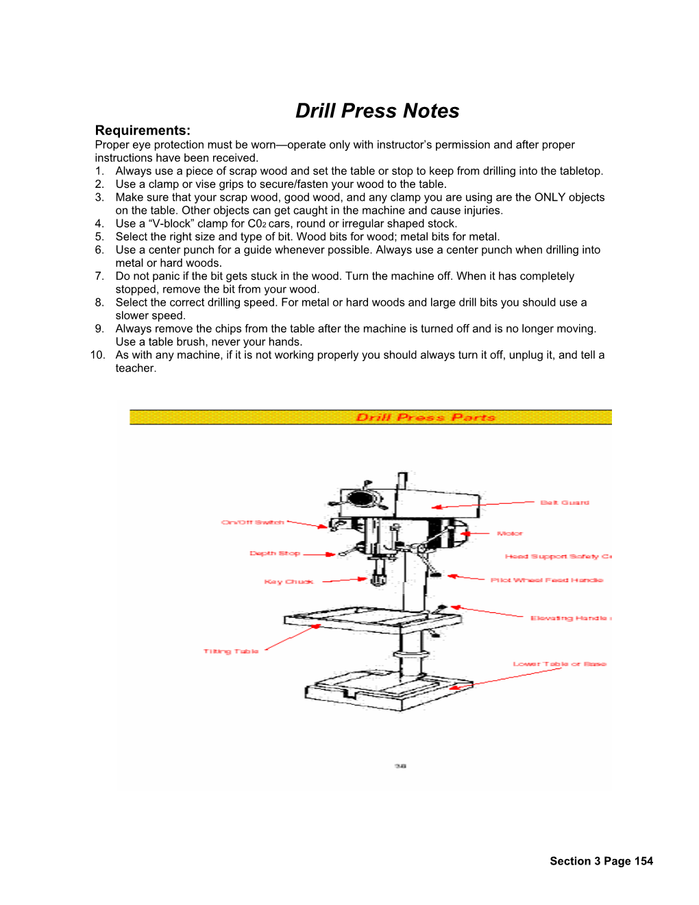 Drill Press Notes Requirements: Proper Eye Protection Must Be Worn—Operate Only with Instructor’S Permission and After Proper Instructions Have Been Received