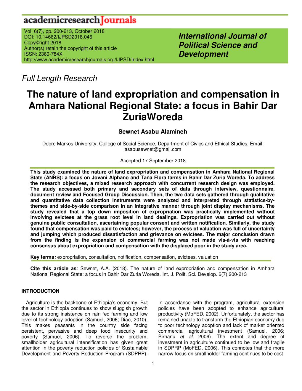 The Nature of Land Expropriation and Compensation in Amhara National Regional State: a Focus in Bahir Dar Zuriaworeda
