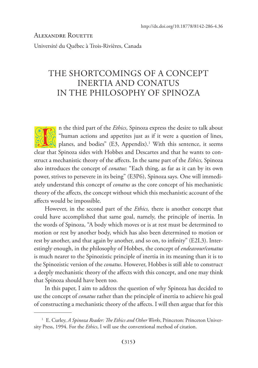 The Shortcomings of a Concept Inertia and Conatus in the Philosophy of Spinoza