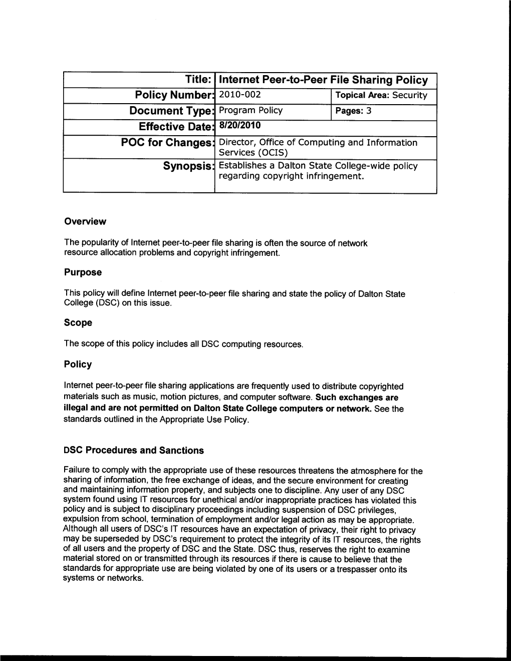 Internet Peer-To-Peer File Sharing Policy Effective Date 8T20t2010