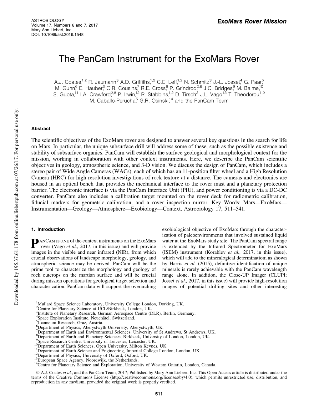 The Pancam Instrument for the Exomars Rover