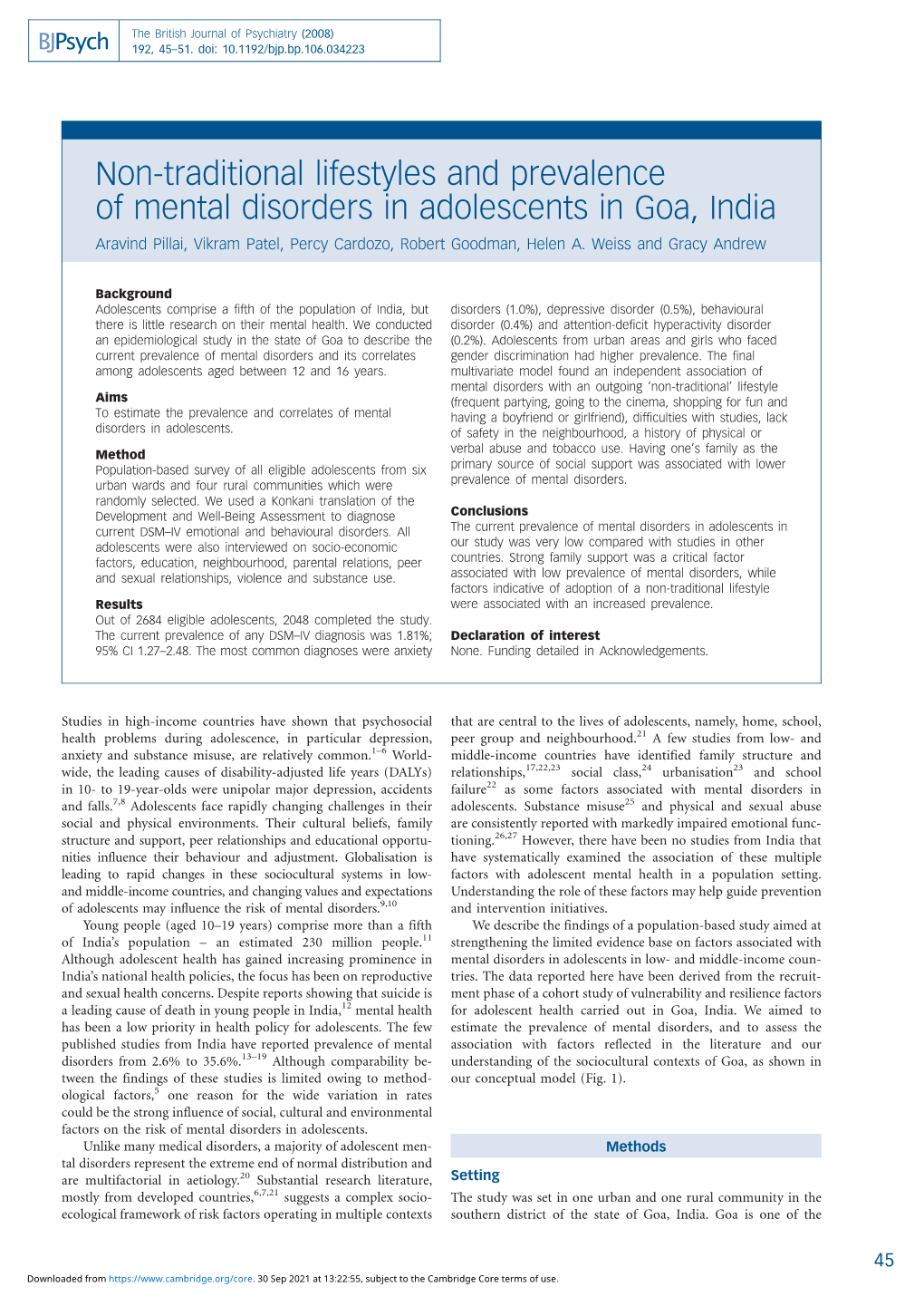 Non-Traditional Lifestyles and Prevalence of Mental Disorders in Adolescents in Goa, India Aravind Pillai, Vikram Patel, Percy Cardozo, Robert Goodman, Helen A