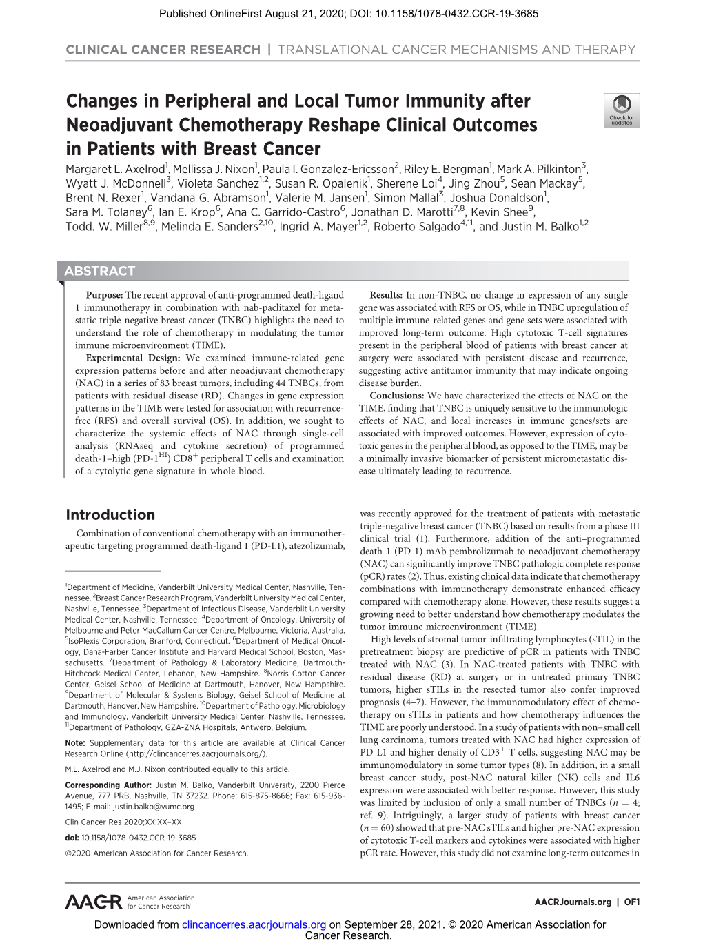 Changes in Peripheral and Local Tumor Immunity After Neoadjuvant Chemotherapy Reshape Clinical Outcomes in Patients with Breast Cancer Margaret L