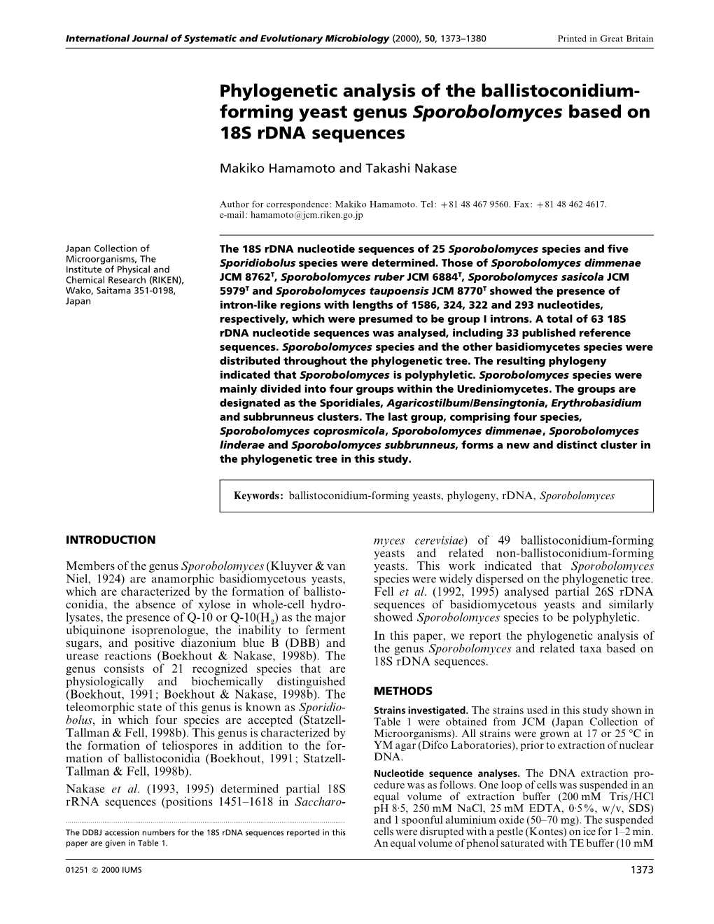 Forming Yeast Genus Sporobolomyces Based on 18S Rdna Sequences