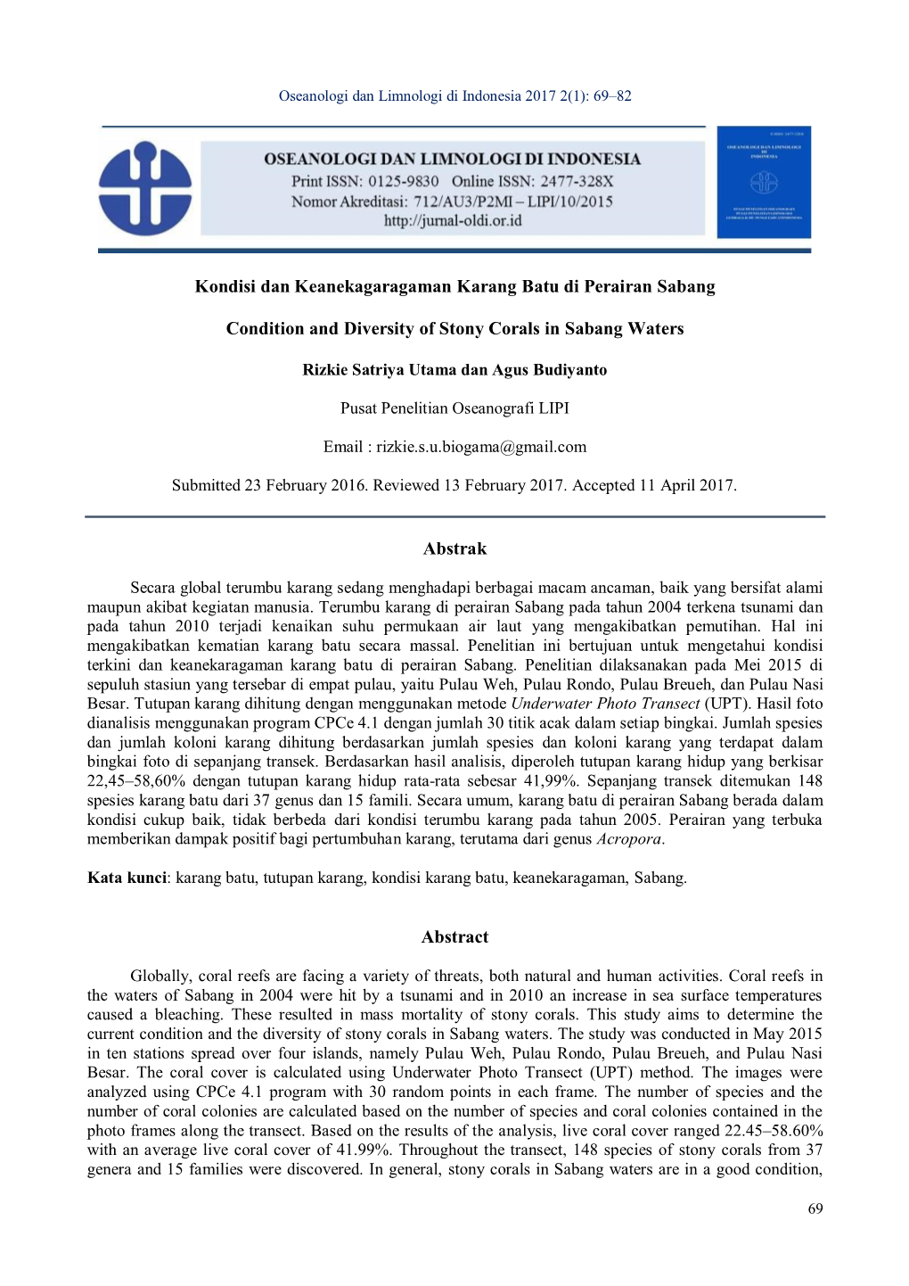 Kondisi Dan Keanekagaragaman Karang Batu Di Perairan Sabang Condition and Diversity of Stony Corals in Sabang Waters Abstrak