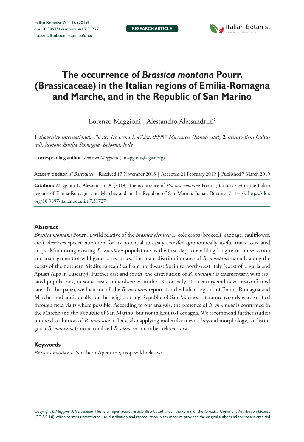 The Occurrence of Brassica Montana Pourr. (Brassicaceae) in the Italian Regions of Emilia-Romagna and Marche, and in the Republic of San Marino