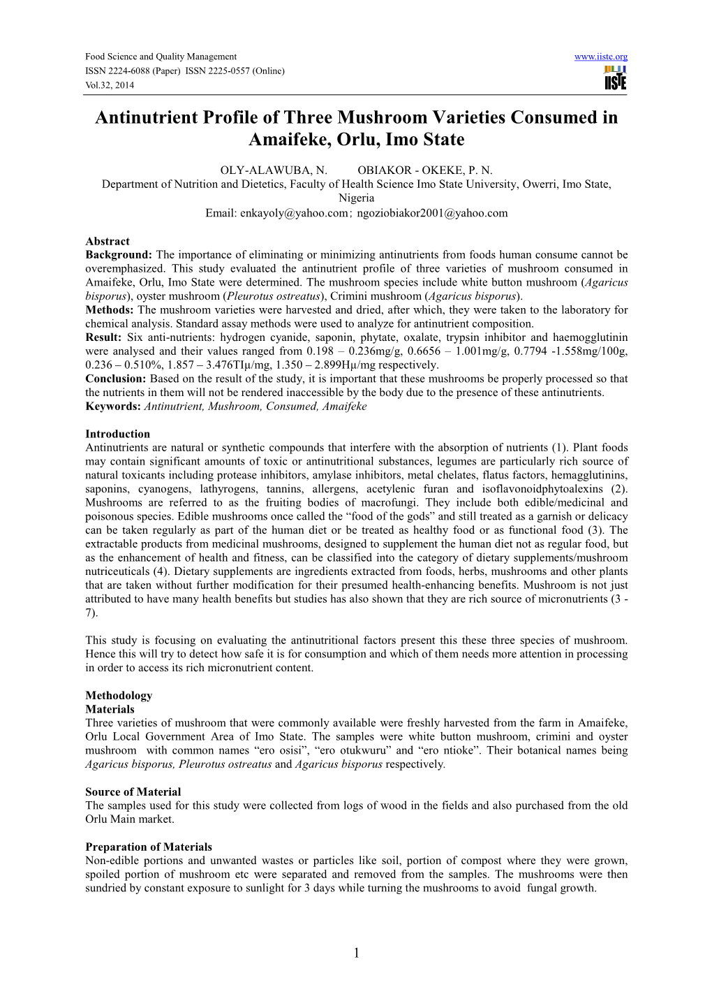 Antinutrient Profile of Three Mushroom Varieties Consumed in Amaifeke, Orlu, Imo State