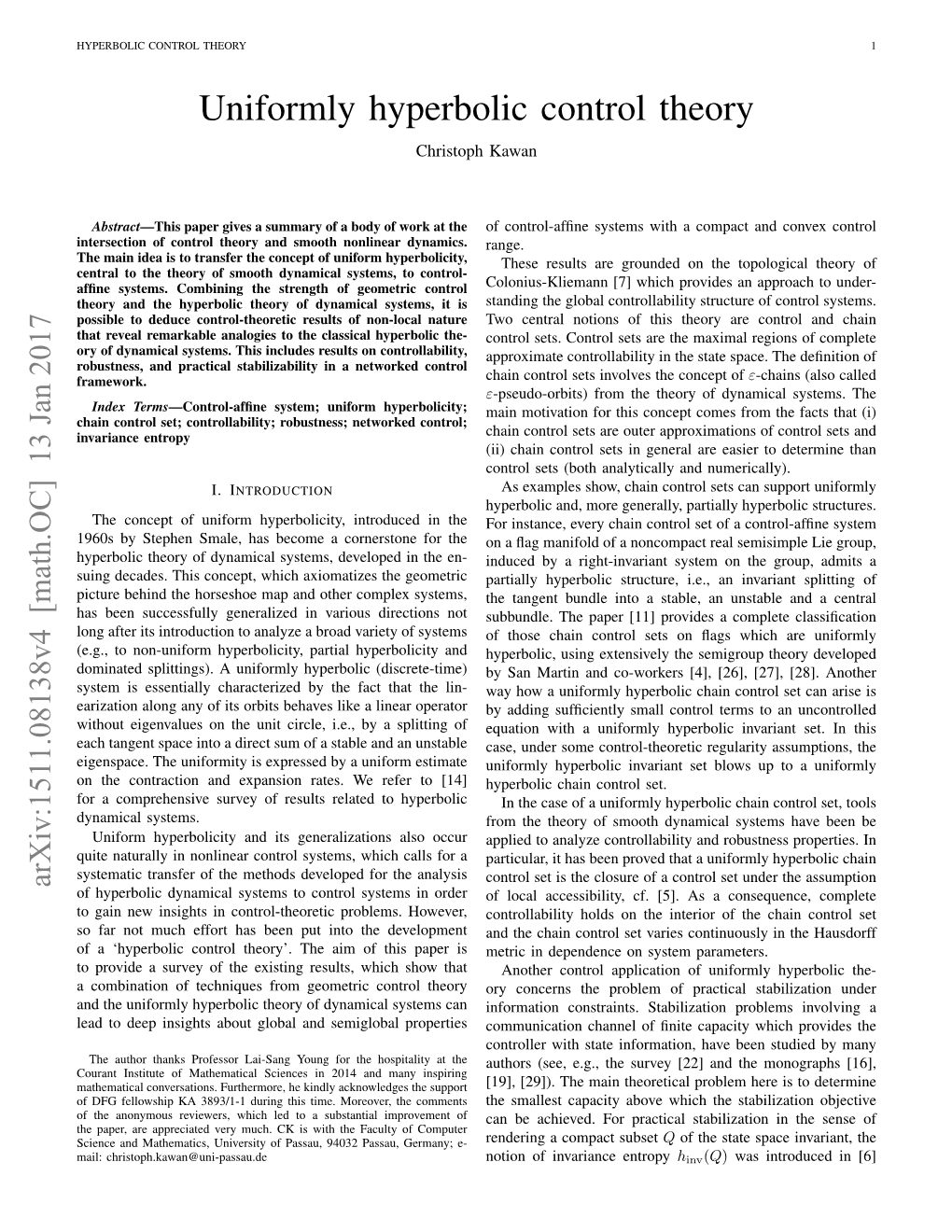 Uniformly Hyperbolic Control Theory Christoph Kawan