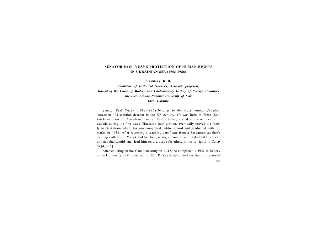 Senator Paul Yuzyk Protection of Human Rights in Ukrainian Ssr (1963-1986)