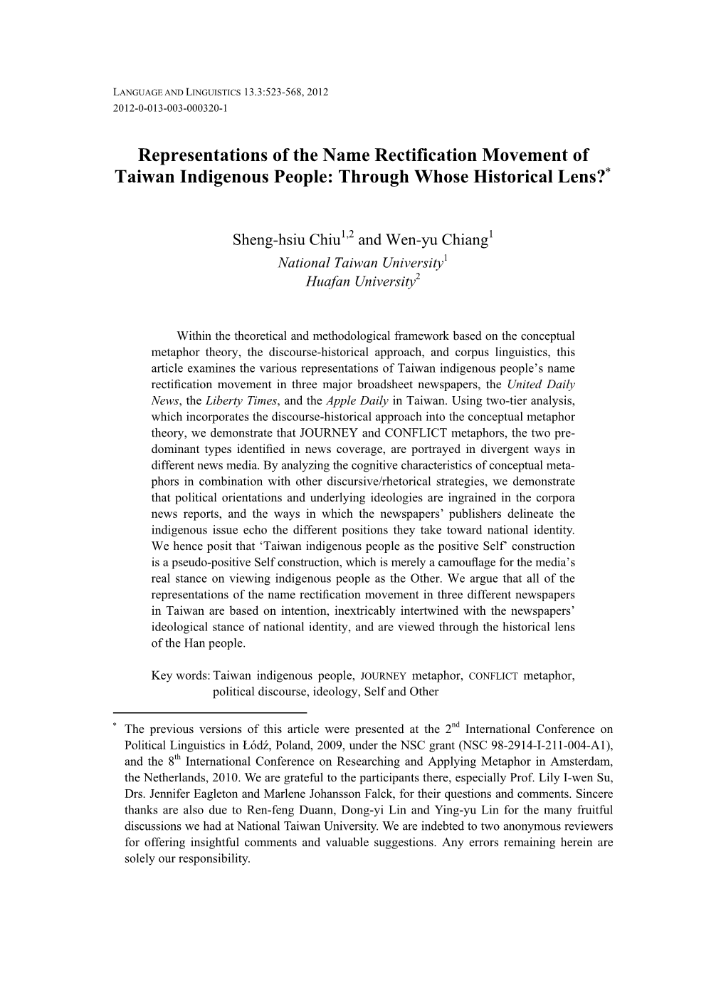 Representations of the Name Rectification Movement of Taiwan Indigenous People: Through Whose Historical Lens?