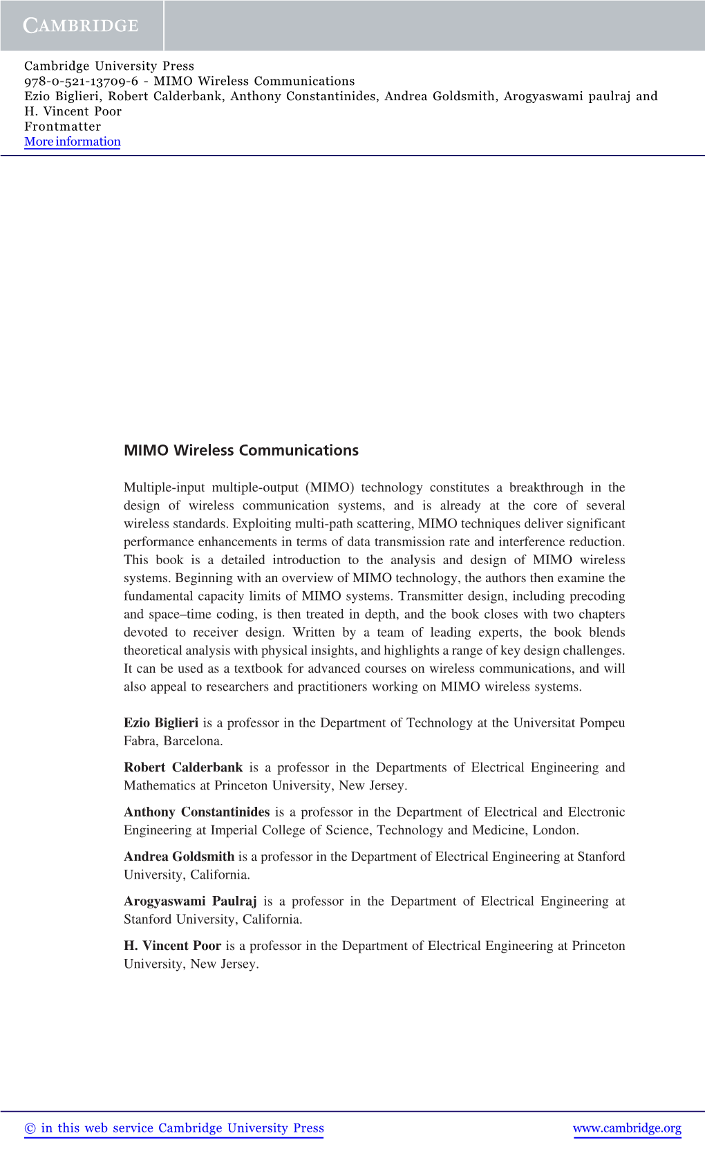 MIMO Wireless Communications Ezio Biglieri, Robert Calderbank, Anthony Constantinides, Andrea Goldsmith, Arogyaswami Paulraj and H