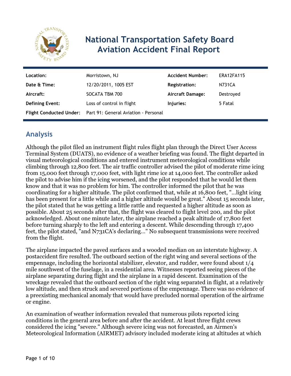 National Transportation Safety Board Aviation Accident Final Report