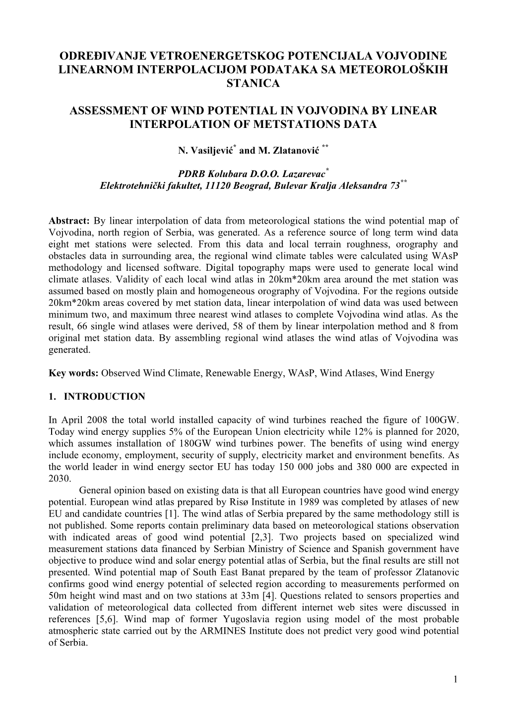 Određivanje Vetroenergetskog Potencijala Vojvodine Linearnom Interpolacijom Podataka Sa Meteoroloških Stanica