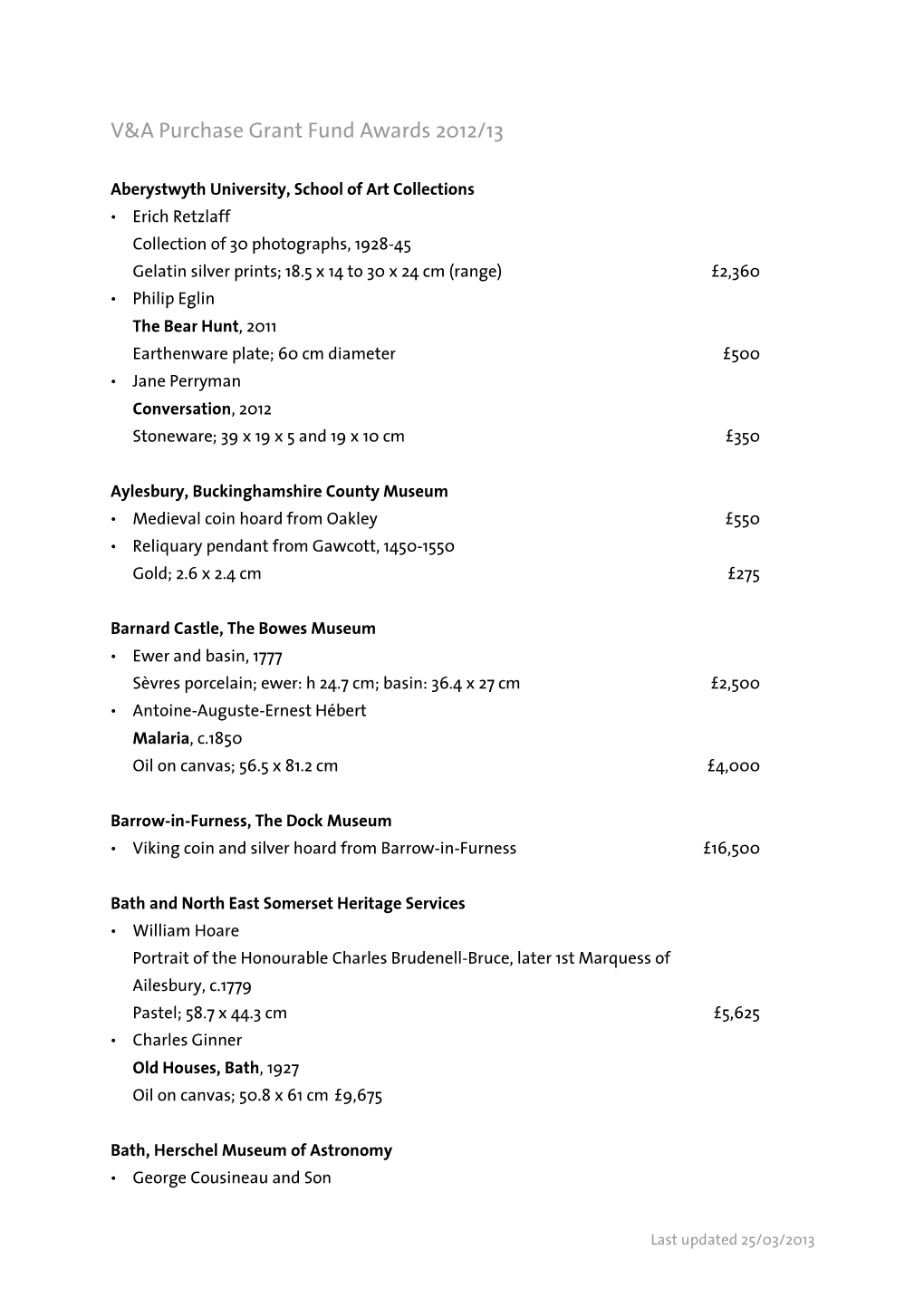 V&A Purchase Grant Fund Awards 2012/13