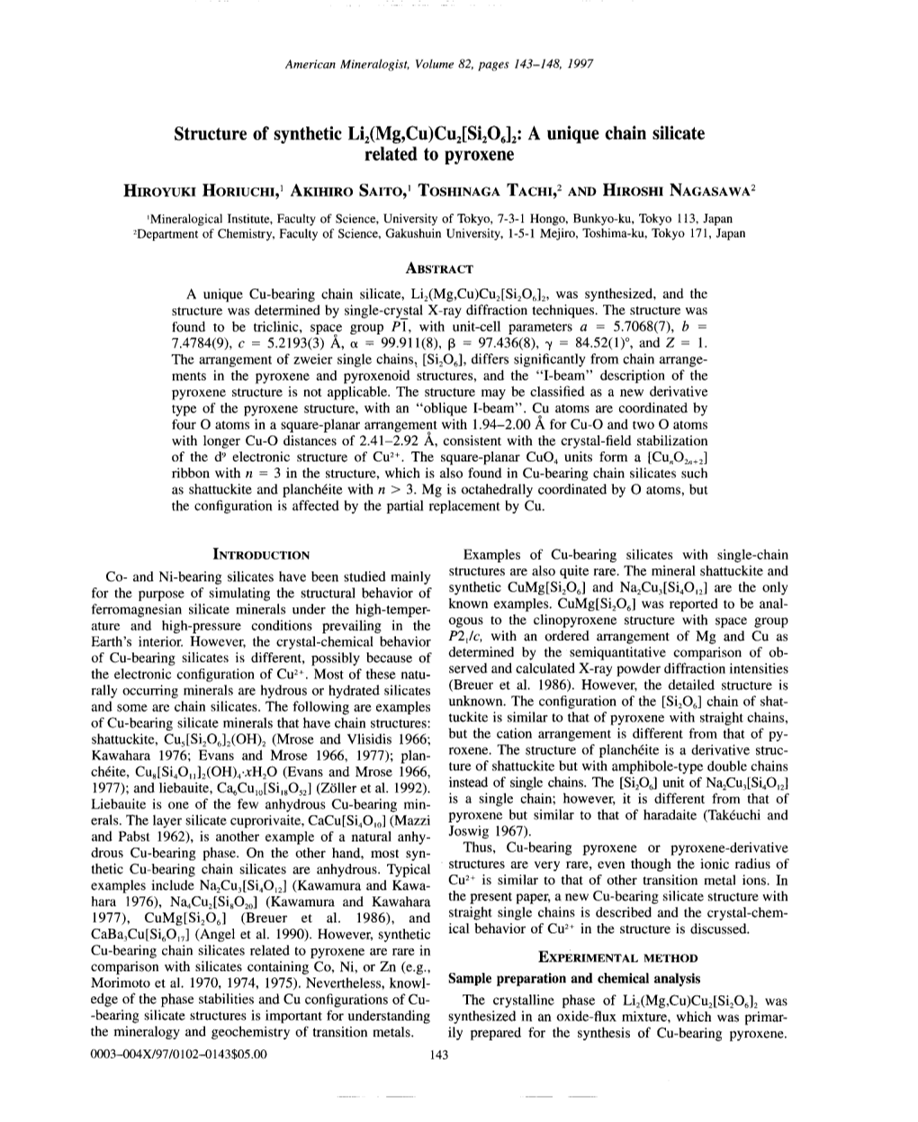 Structure of Synthetic Liimg,Cu)Cuz[Siz06]Z: a Unique Chain Silicate Related to Pyroxene