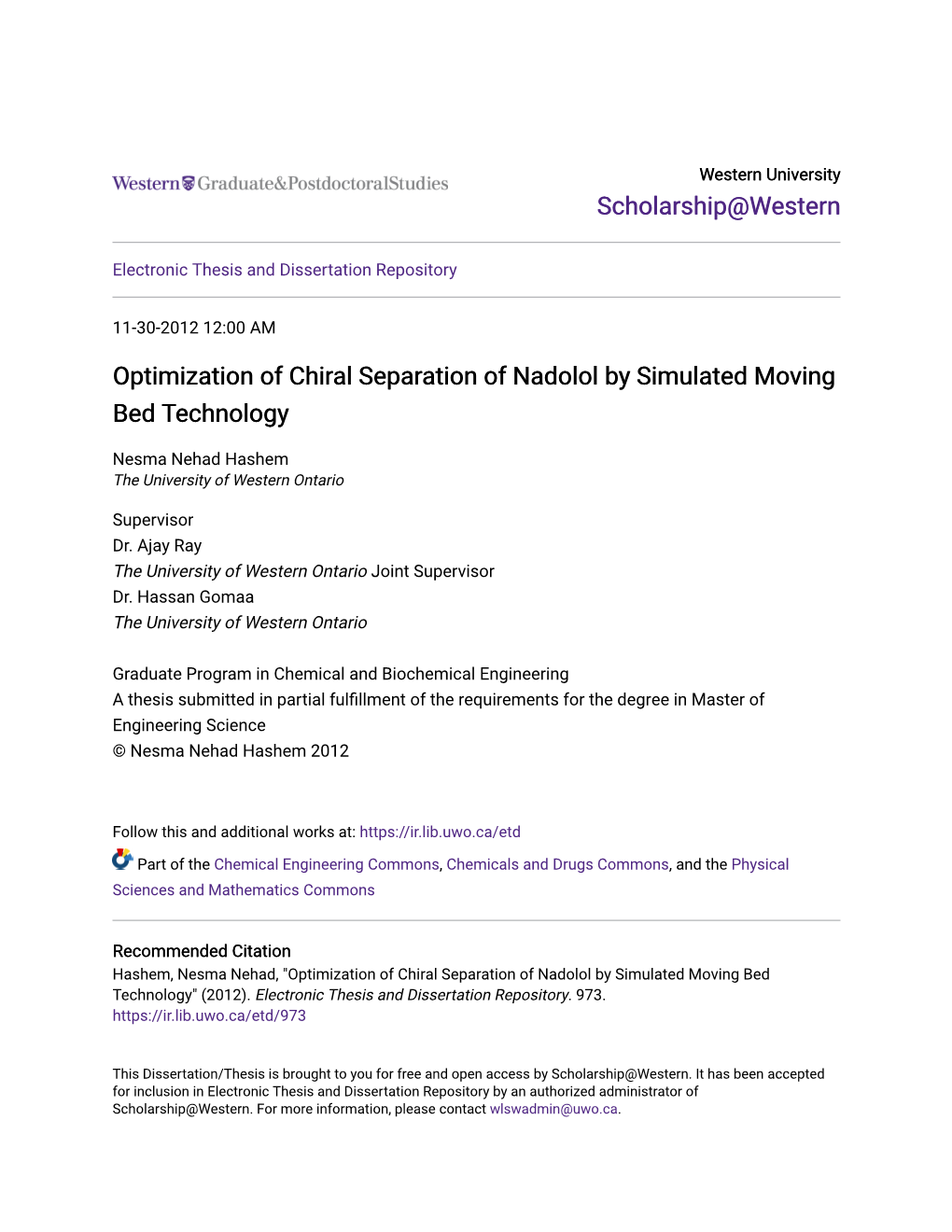 Optimization of Chiral Separation of Nadolol by Simulated Moving Bed Technology