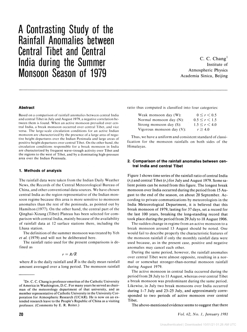 A Contrasting Study of the Rainfall Anomalies Between Central Tibet and Central India During the Summer Monsoon Season of 1979