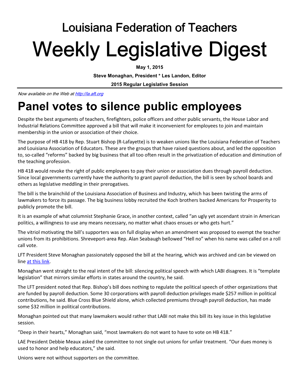 Weekly Legislative Digest