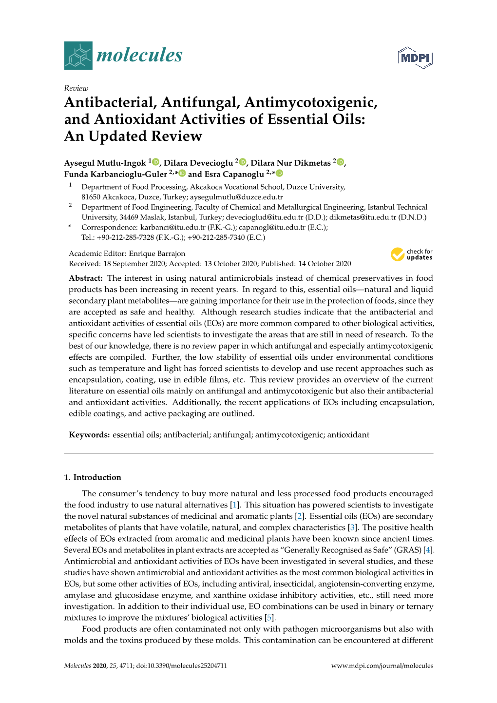 Antibacterial, Antifungal, Antimycotoxigenic, and Antioxidant Activities of Essential Oils: an Updated Review