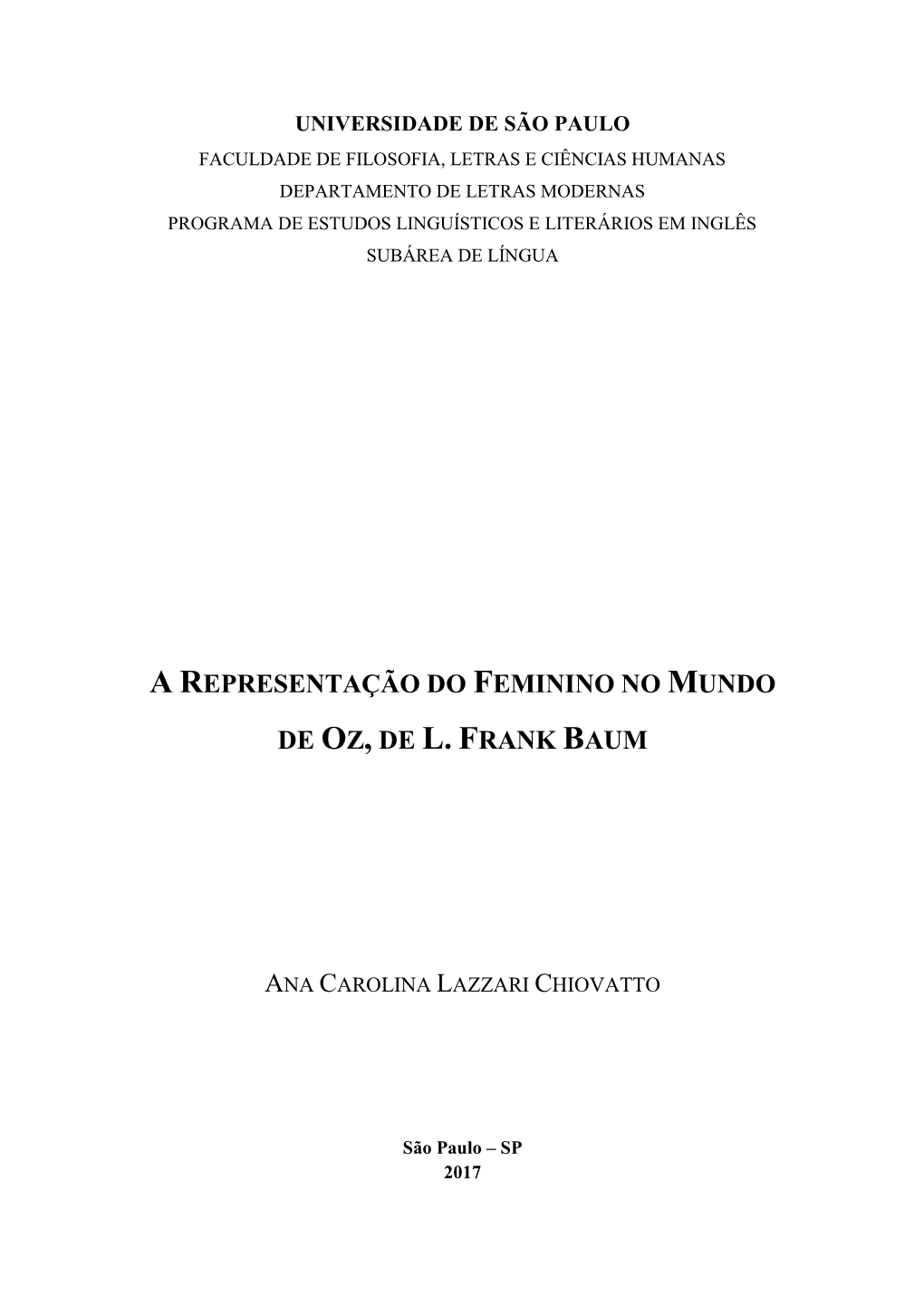 A Representação Do Feminino No Mundo De Oz, De L. Frank Baum