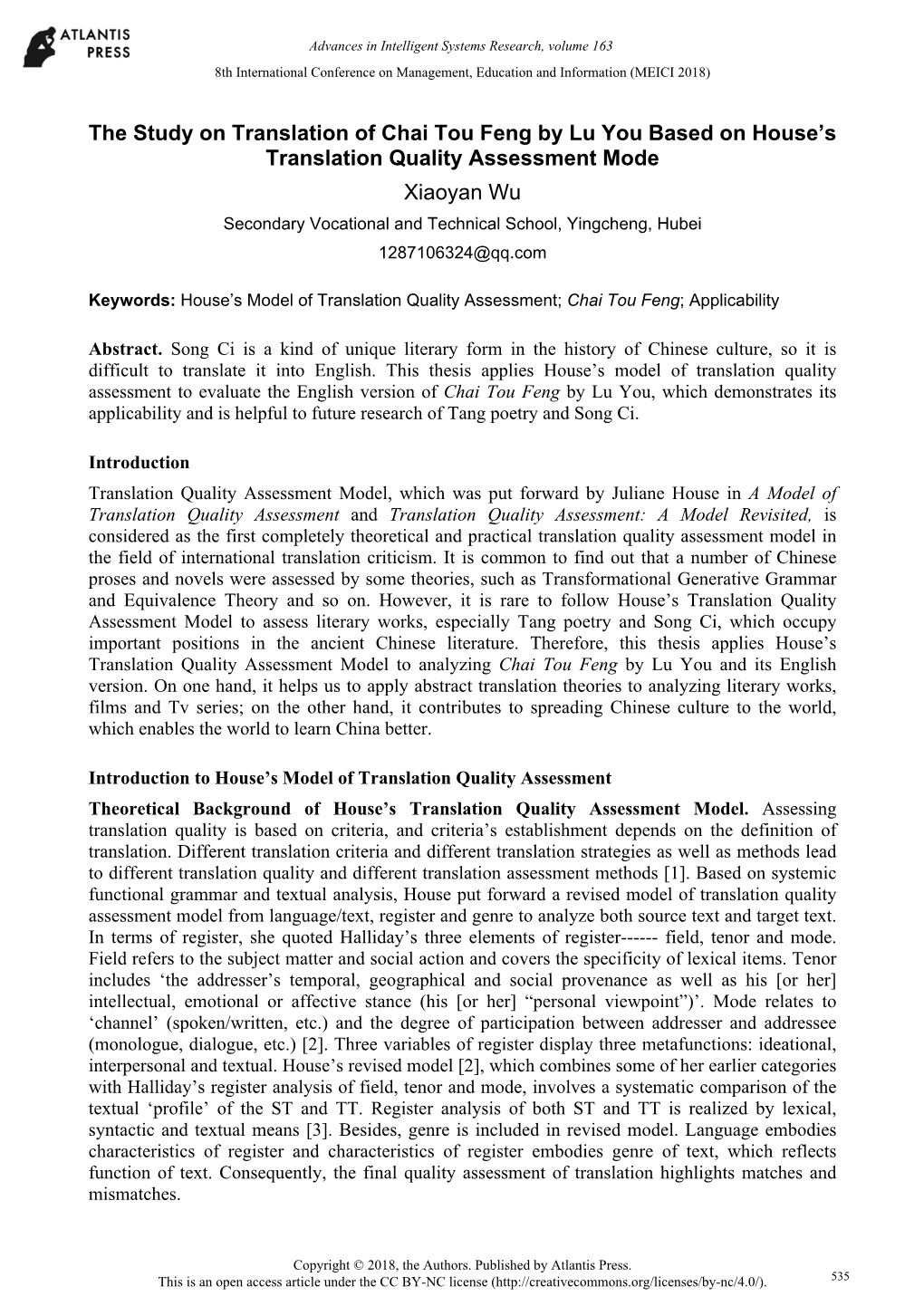 The Study on Translation of Chai Tou Feng by Lu You Based on House's