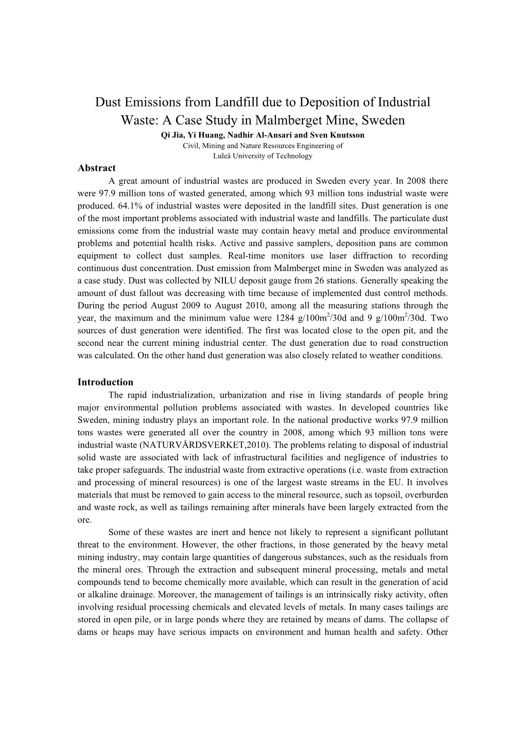 Dust Emissions from Landfill Due to Deposition of Industrial Waste: a Case Study in Malmberget Mine, Sweden