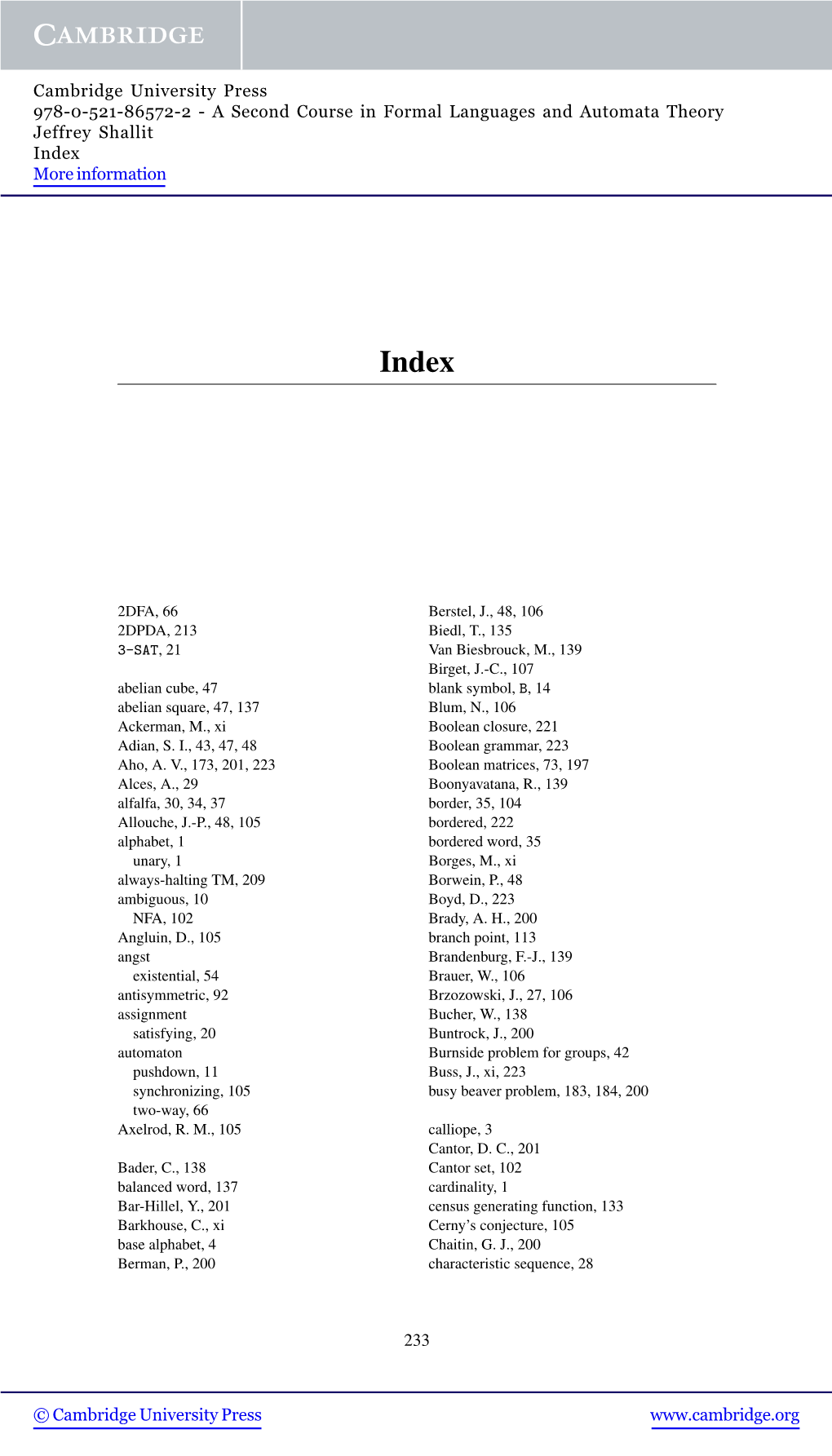 A Second Course in Formal Languages and Automata Theory Jeffrey Shallit Index More Information