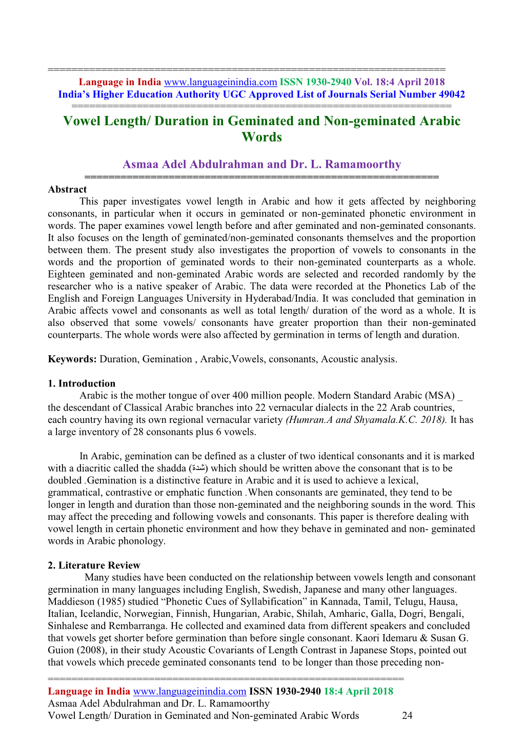 Vowel Length/ Duration in Geminated and Non-Geminated Arabic Words