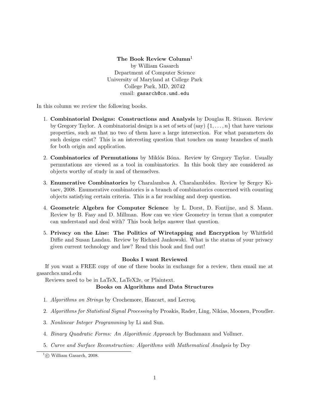 The Book Review Column1 by William Gasarch Department of Computer Science University of Maryland at College Park College Park, MD, 20742 Email: Gasarch@Cs.Umd.Edu