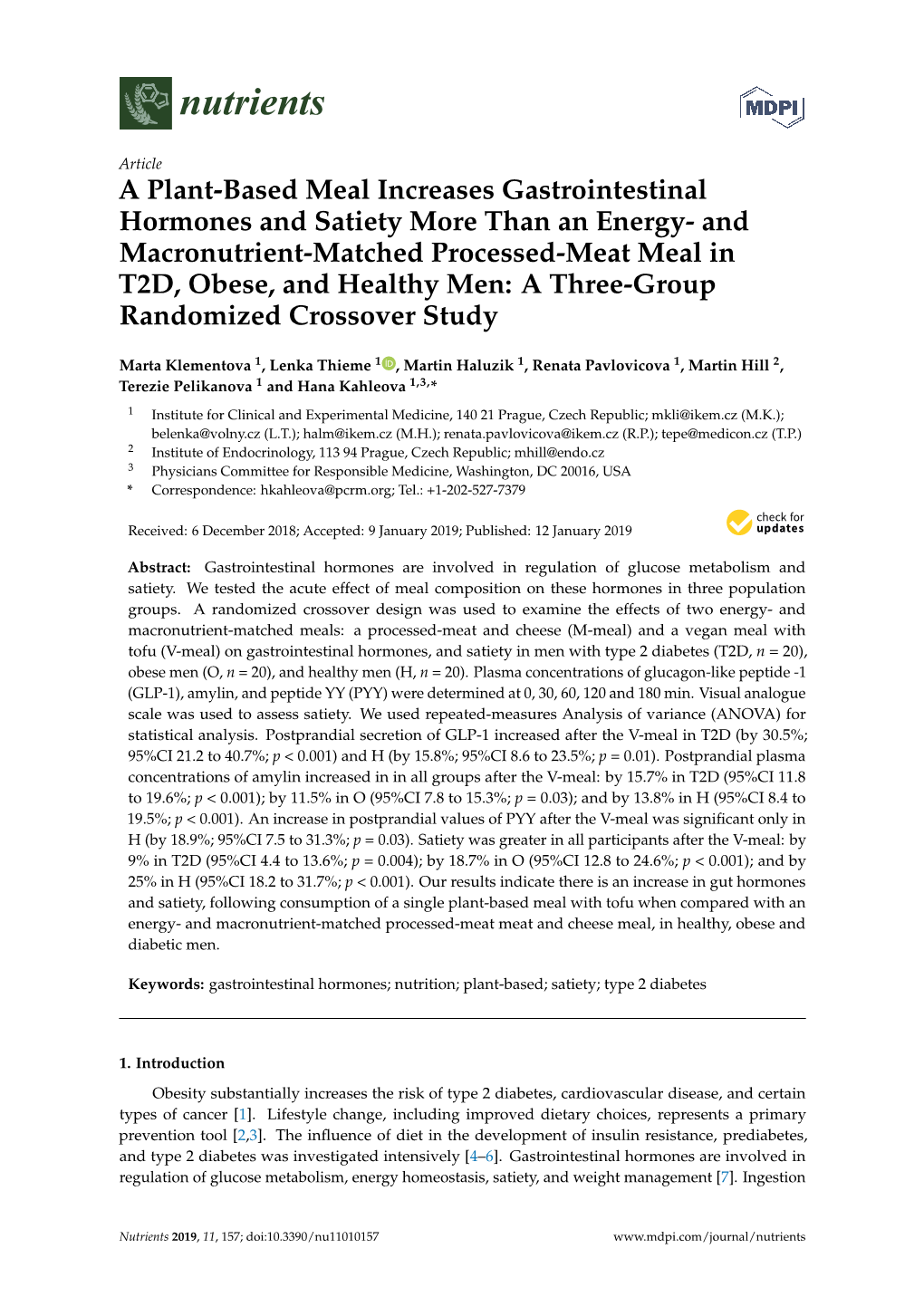 A Plant-Based Meal Increases Gastrointestinal Hormones