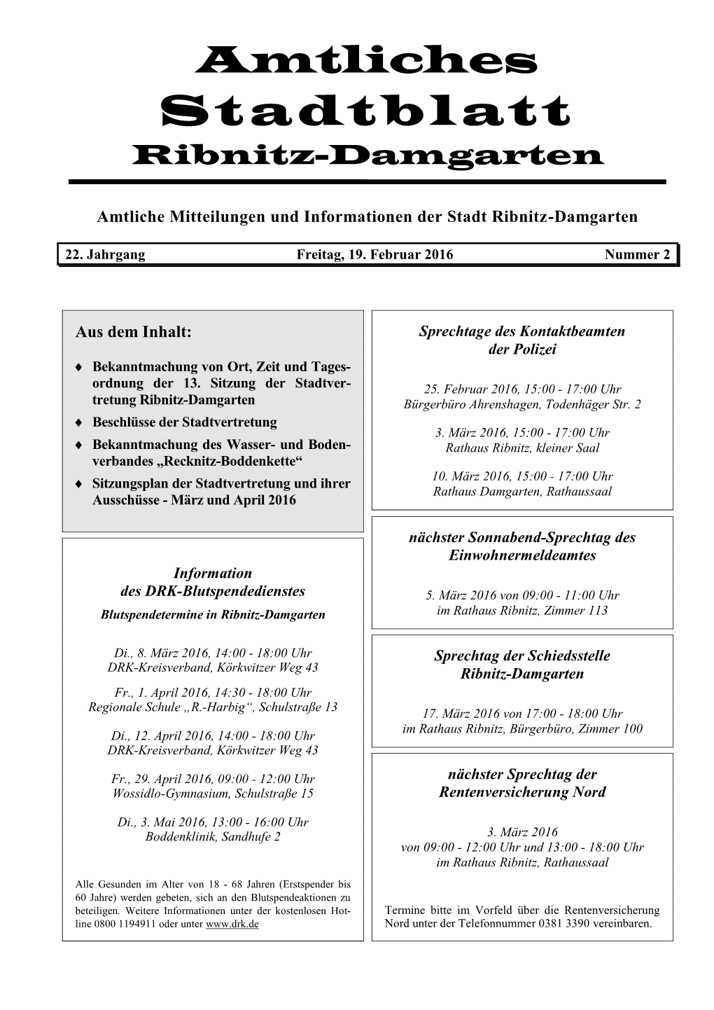 Stadtblatt Ribnitz-Damgarten Amtliches Mitteilungsblatt, Nr