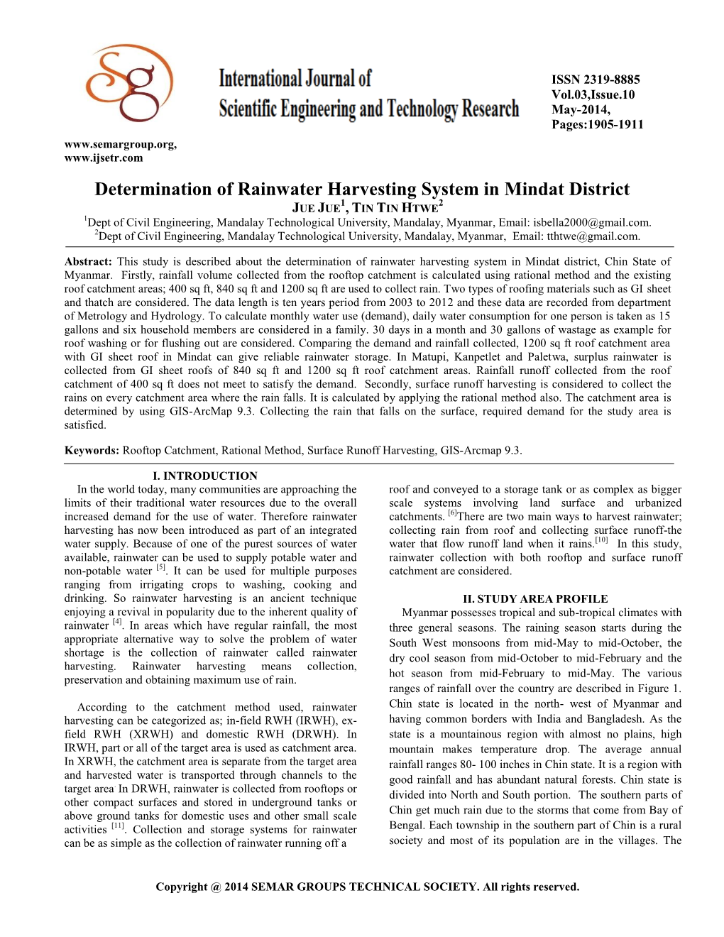 Determination of Rainwater Harvesting System in Mindat District