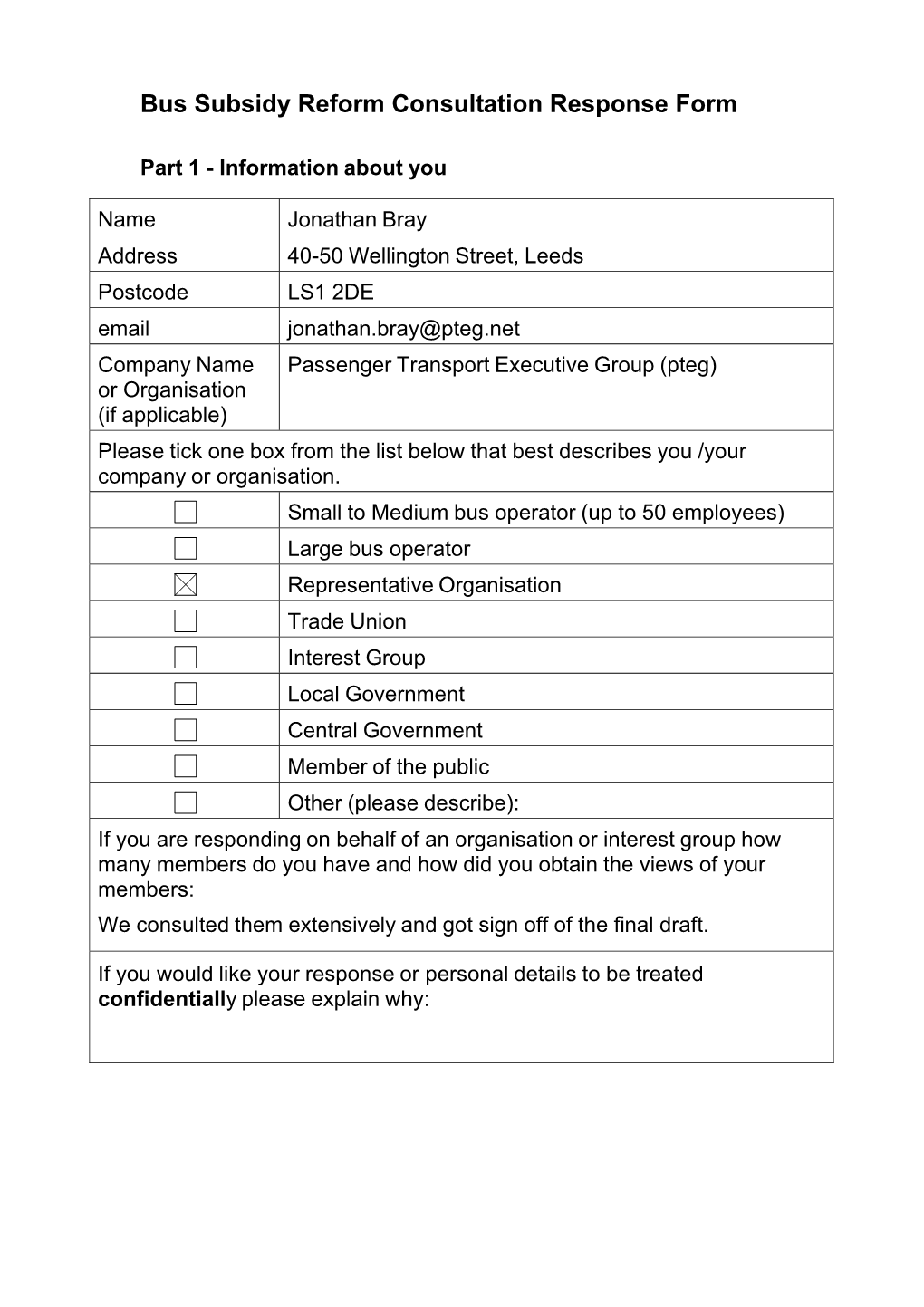 Bus Subsidy Reform Consultation Response Form