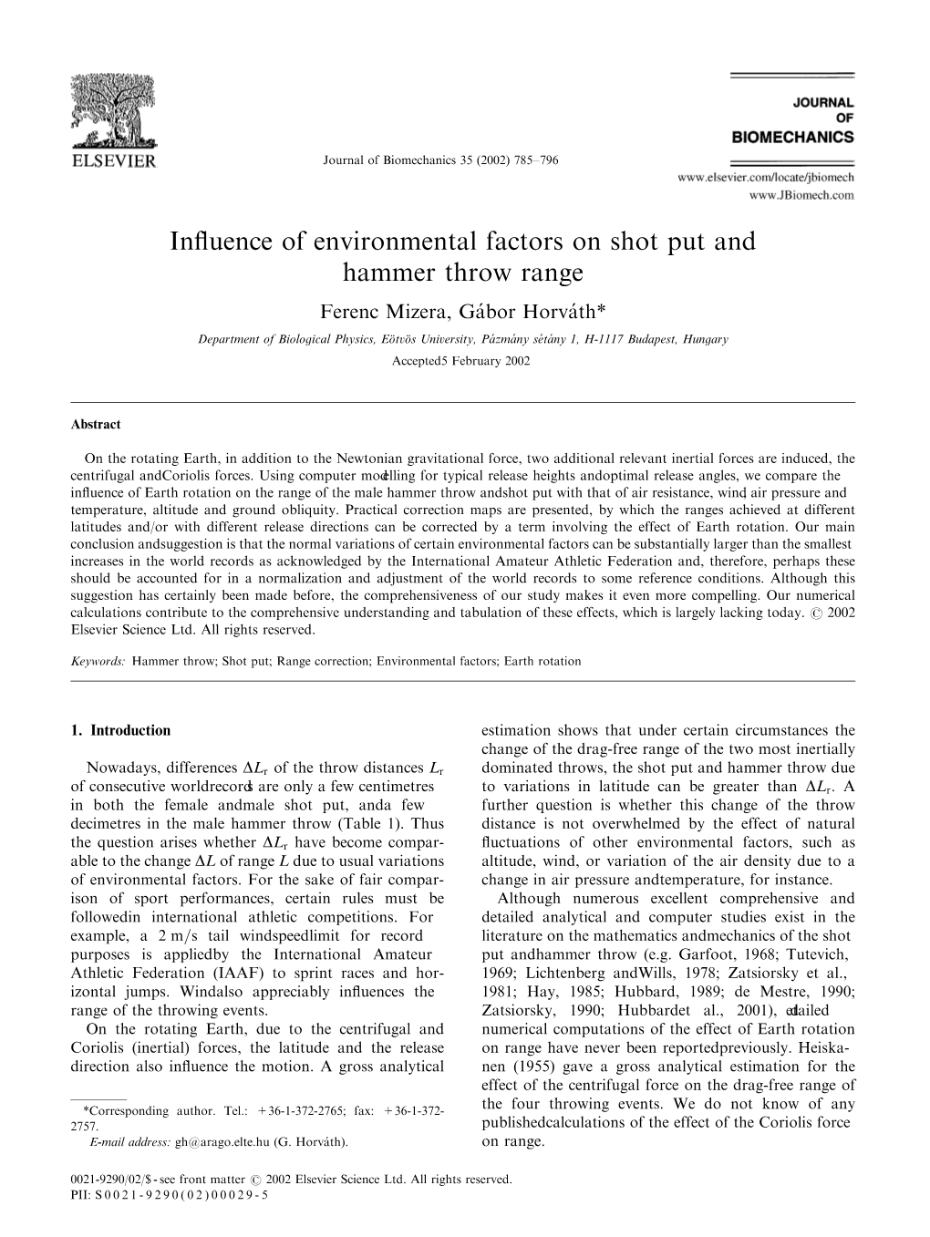 Influence of Environmental Factors on Shot Put and Hammer Throw Range