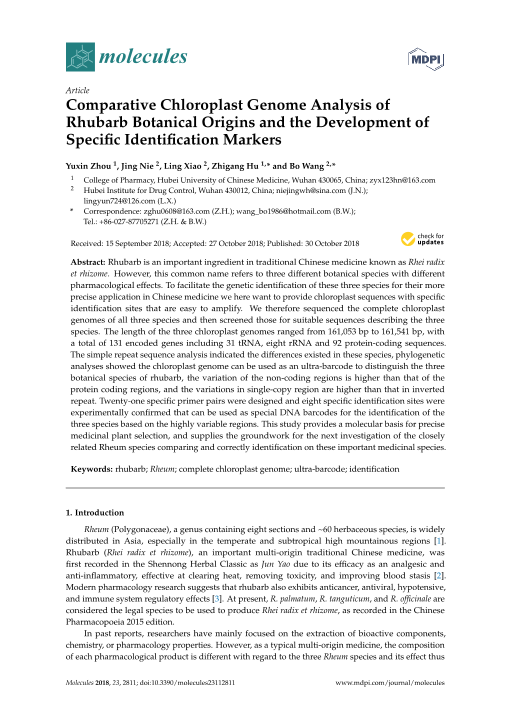 Comparative Chloroplast Genome Analysis of Rhubarb Botanical Origins and the Development of Speciﬁc Identiﬁcation Markers