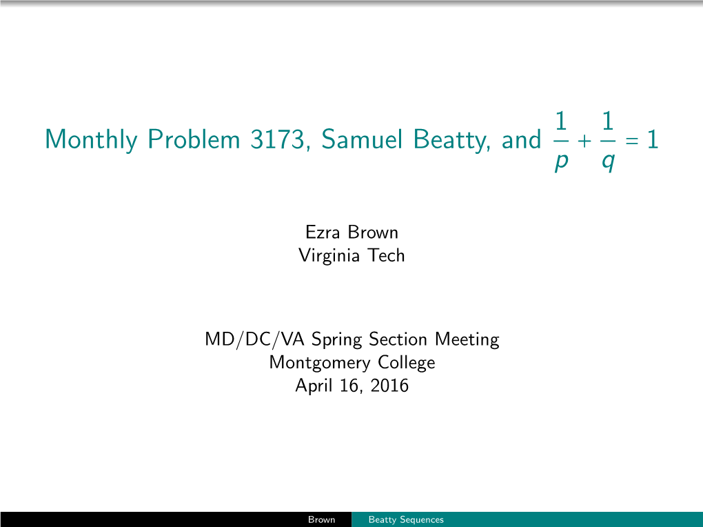 Monthly Problem 3173, Samuel Beatty, and 1P+1Q=1