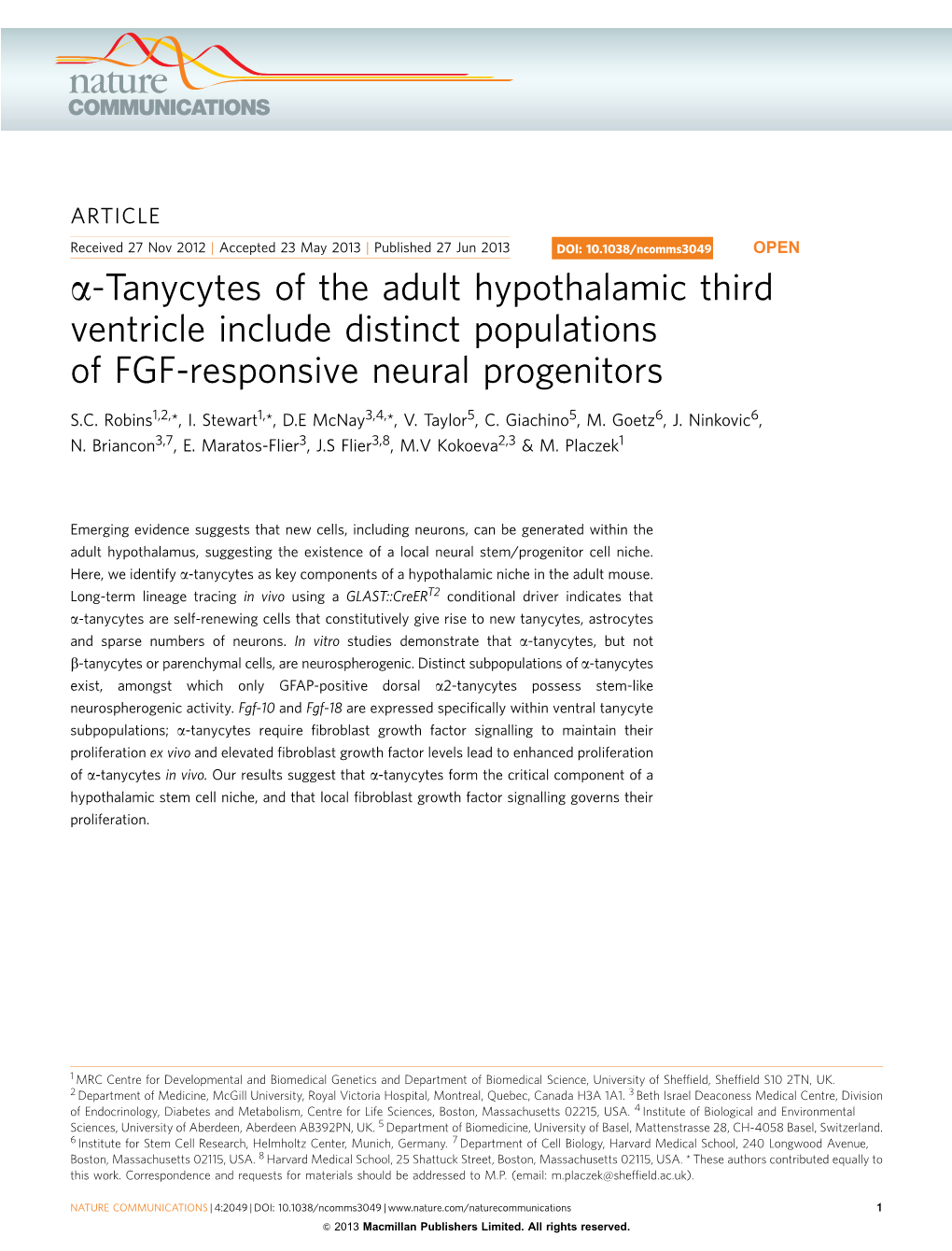 Tanycytes of the Adult Hypothalamic Third Ventricle Include Distinct Populations of FGF-Responsive Neural Progenitors