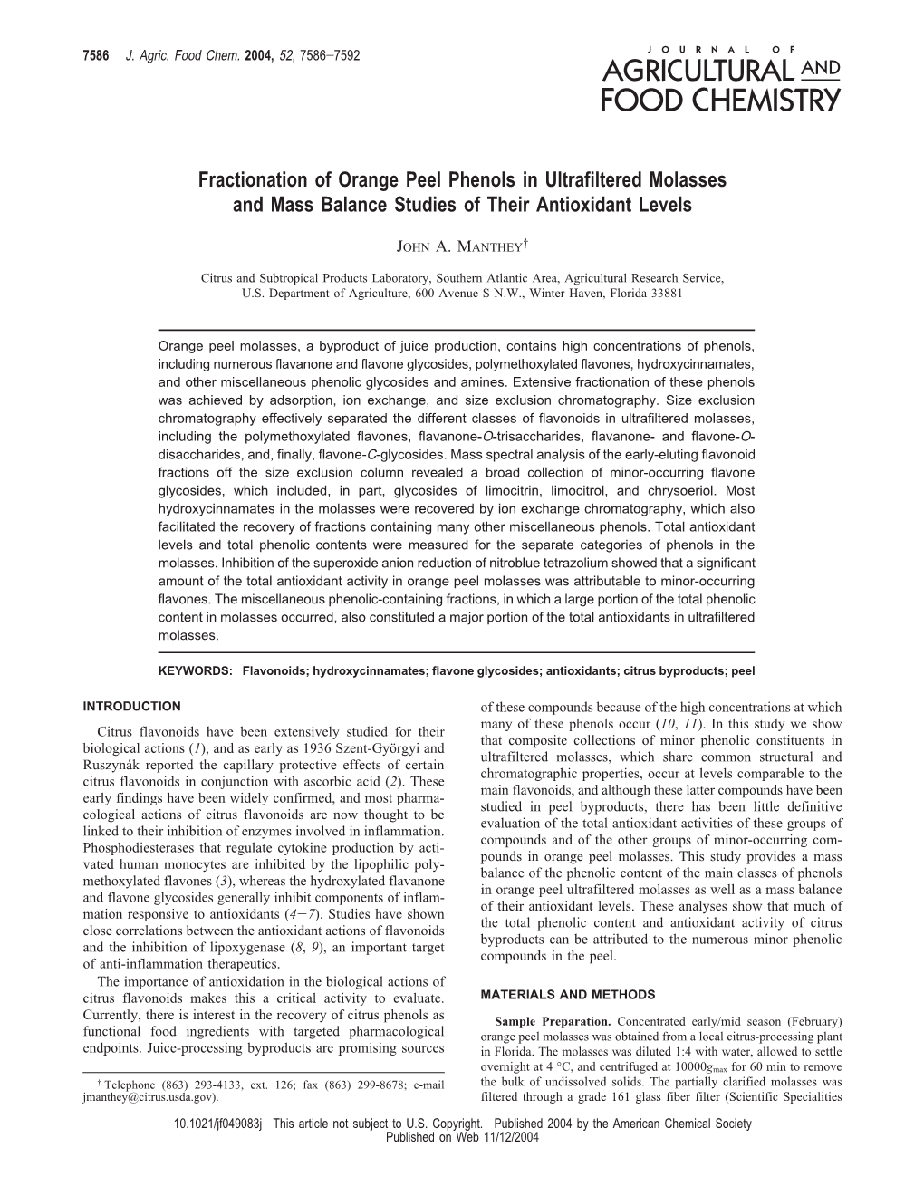 Fractionation of Orange Peel Phenols in Ultrafiltered Molasses and Mass Balance Studies of Their Antioxidant Levels