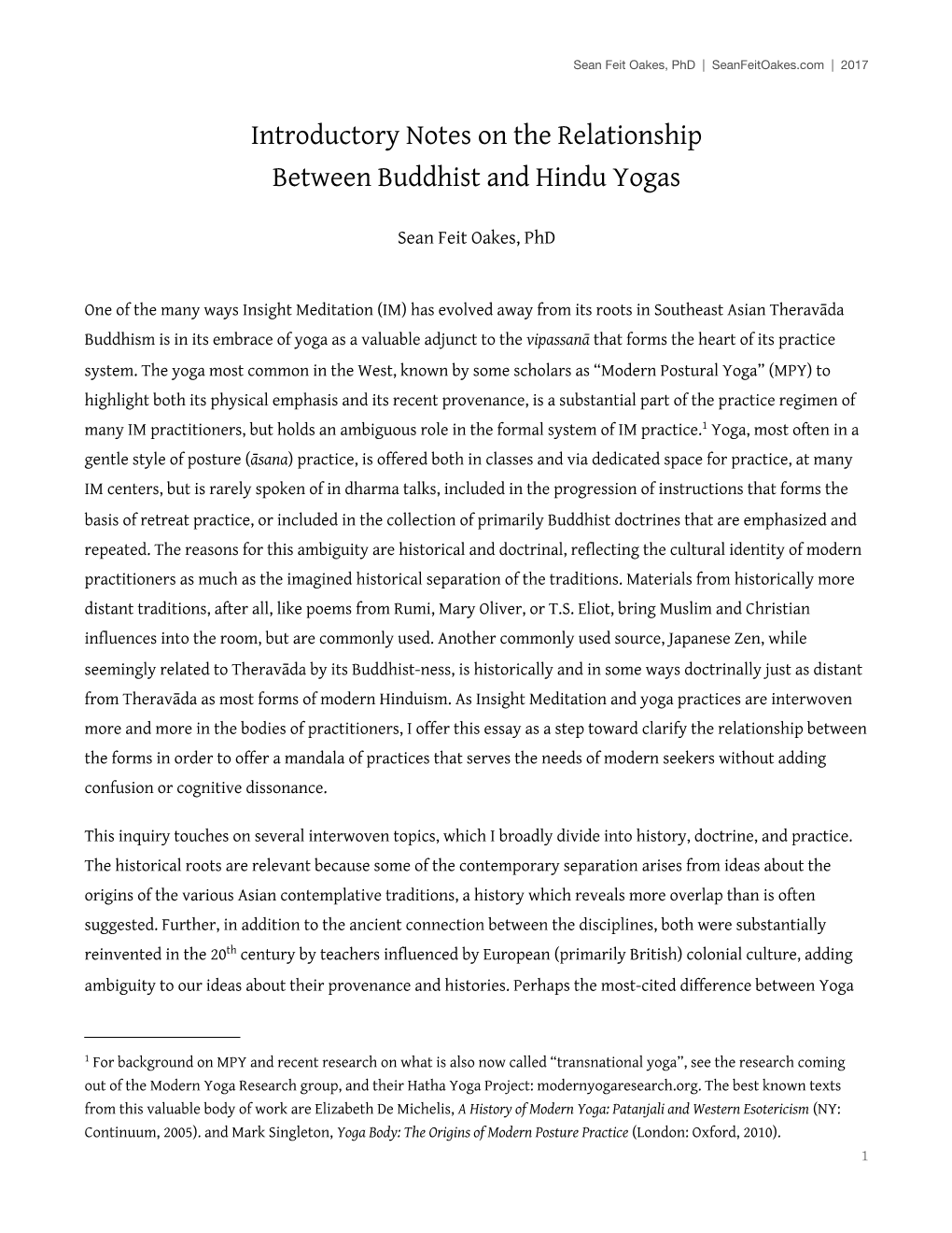 Introductory Notes on the Relationship Between Buddhist and Hindu Yogas