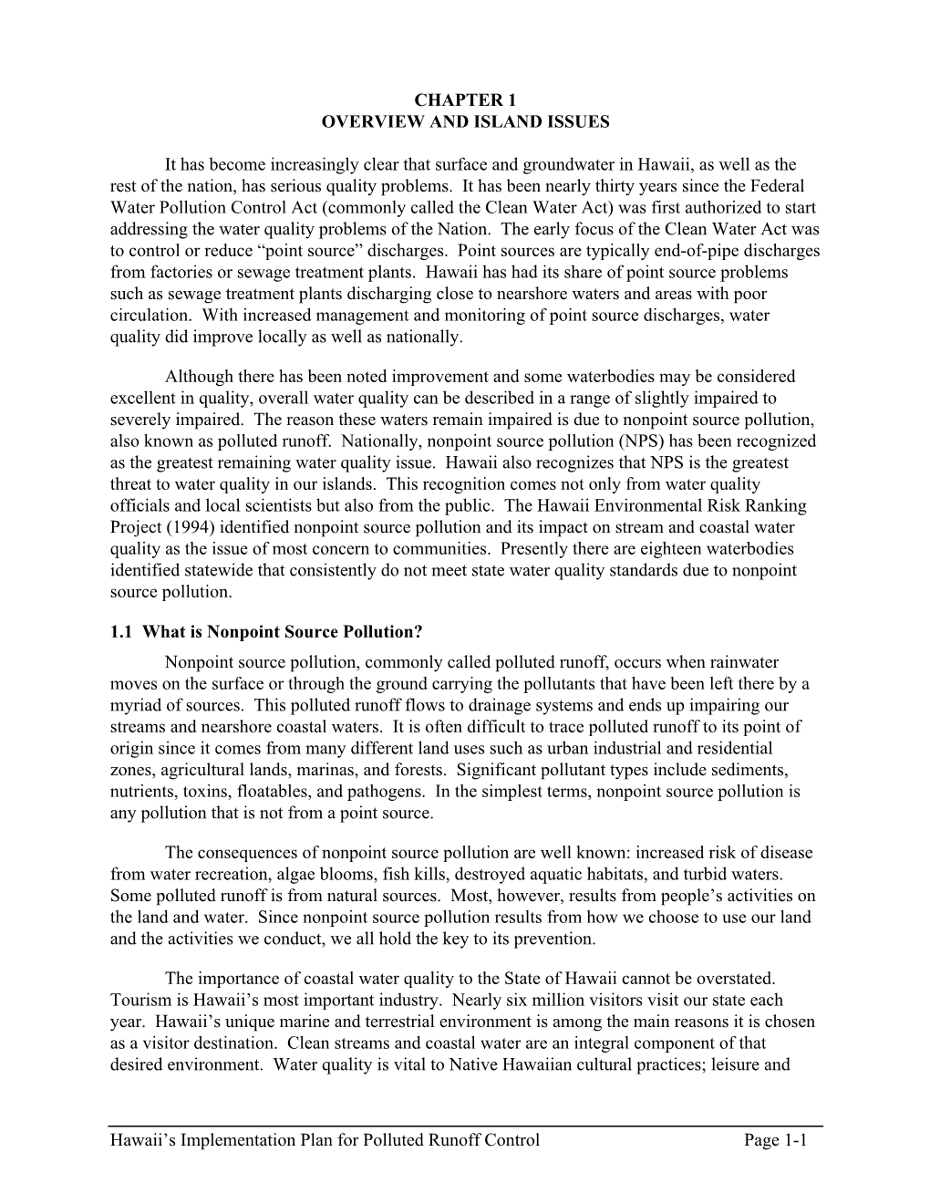 Hawaii's Implementation Plan for Polluted Runoff Control Page 1-1