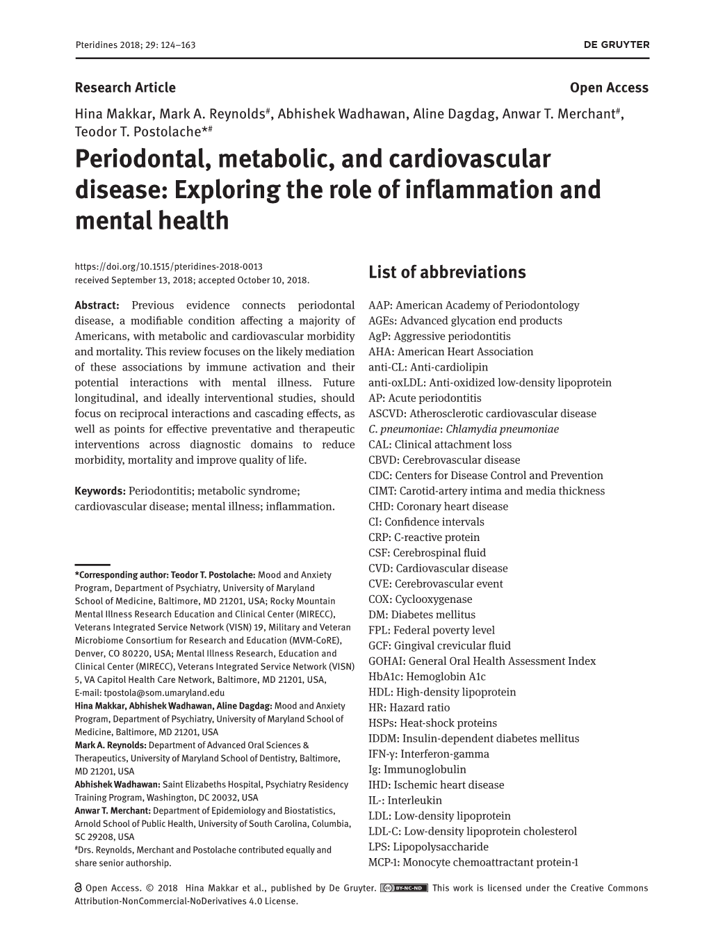 Periodontal, Metabolic, and Cardiovascular Disease